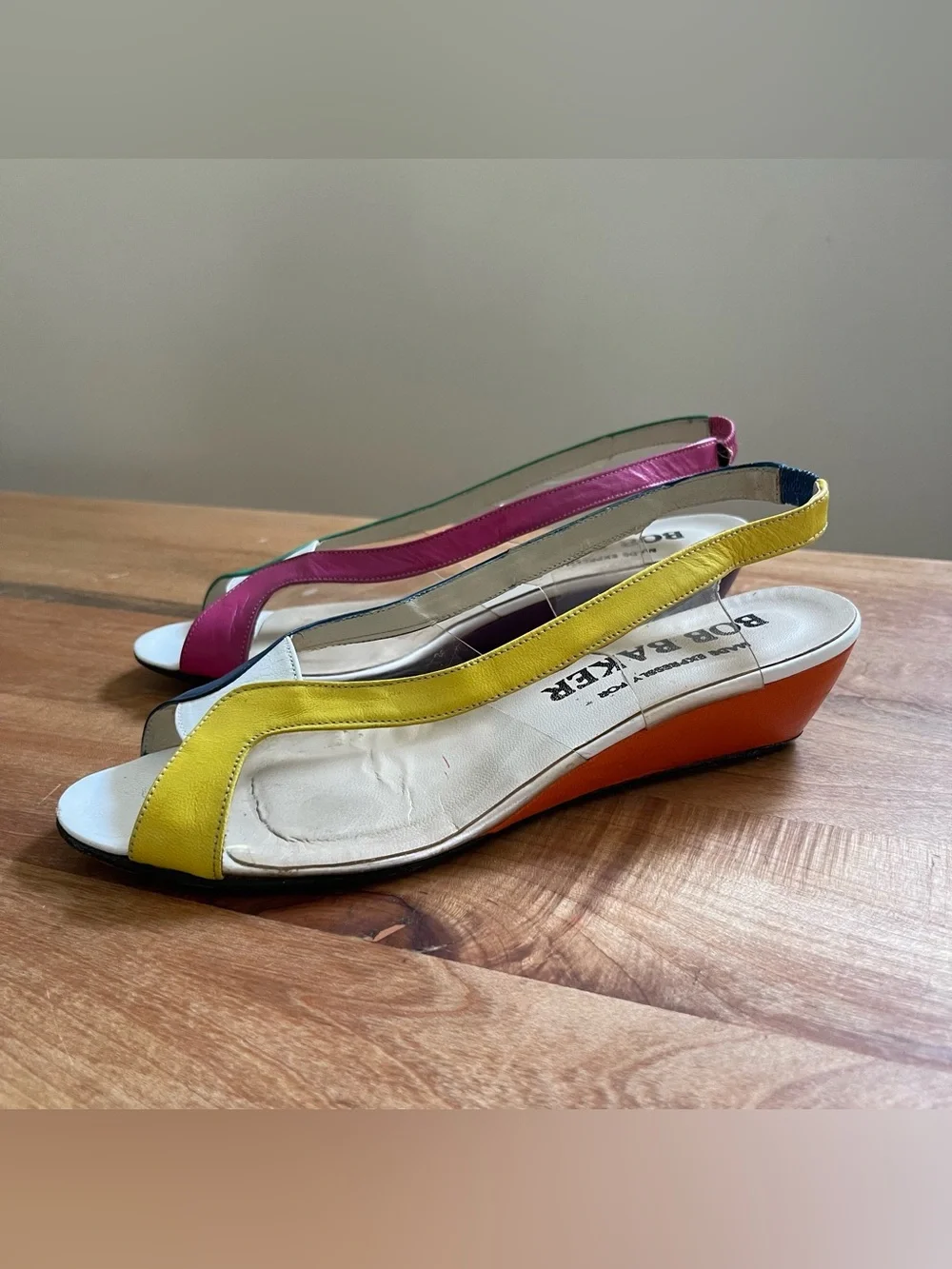 Vintage Bob Baker Slingback Low Wedge Sandals Clear Color Block Leather Size 7